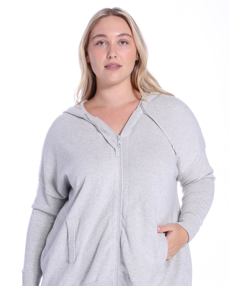 Front of a model wearing a size 1X Cotton Cashmere Oversized Zip Hoodie in Light Heather Grey by Minnie Rose. | dia_product_style_image_id:324876